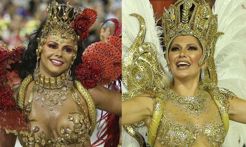 Imagem 1: Viviane Araujo com figurino de rainha de bateria do Salgueiro, com detalhes em vermelho, branco, dourado e amarelo; Imagem 2: Antonia Fontenelle sorrindo, com look amarelo, ombreiras de brilhantes e asas repletas de pluma branca