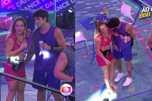 Montagem com duas imagens de Bruna Griphao na festa do BBB 23. Na primeira ela aparece conversando com Gabriel, na segunda ela afasta o rapaz