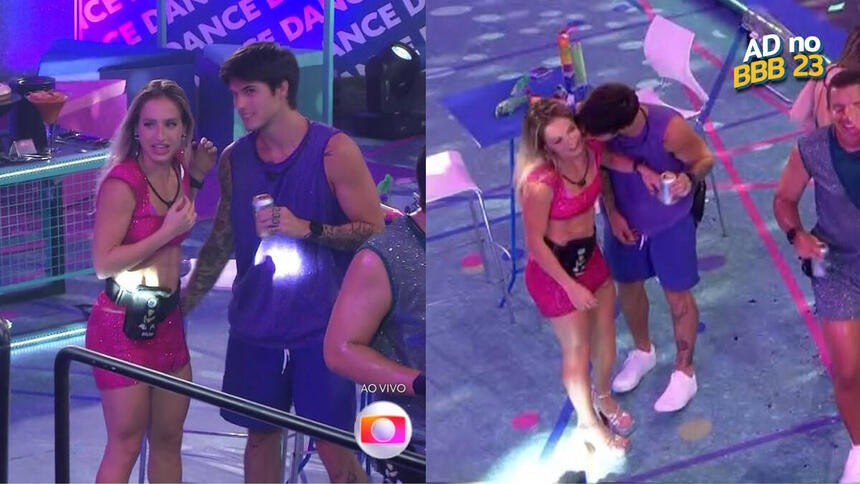 Montagem com duas imagens de Bruna Griphao na festa do BBB 23. Na primeira ela aparece conversando com Gabriel, na segunda ela afasta o rapaz