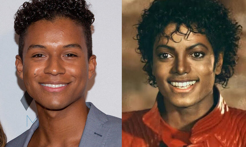 Jaafar Jackson sorrindo, de blazer cinza, camisa preta, durante coletiva em evento nos EUA; Michael Jackson sorrindo, camisa vermelha durante gravação de videoclipe