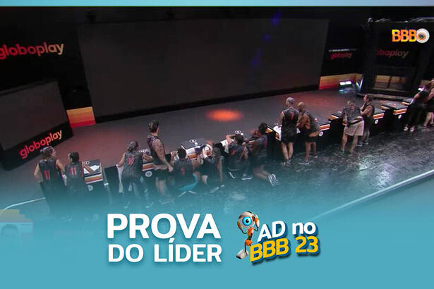 Arte gráfica sobre a Prova do Líder com participantes do BBB 23 no provódromo