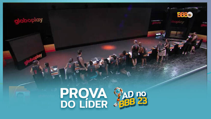 Arte gráfica sobre a Prova do Líder com participantes do BBB 23 no provódromo