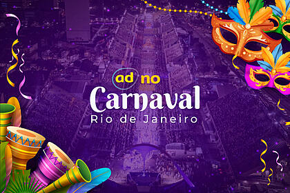 Arte gráfica com o logo do carnaval 2023. No fundo está a Sapucaí, onde acontecerá a apuração do Rio de Janeiro