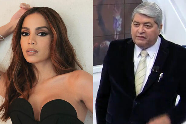 Anitta com a mão na cabeça, de top preto durante ensaio fotográfico; Datena de blazer preto, camisa solcial branca, gravata branca com detalhes amarelos no estúdo do Brasil Urgente, da Band