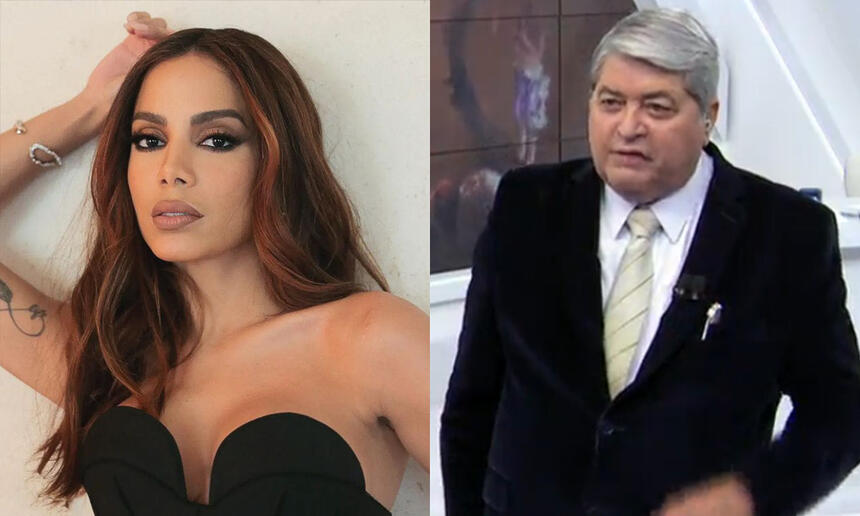 Anitta com a mão na cabeça, de top preto durante ensaio fotográfico; Datena de blazer preto, camisa solcial branca, gravata branca com detalhes amarelos no estúdo do Brasil Urgente, da Band