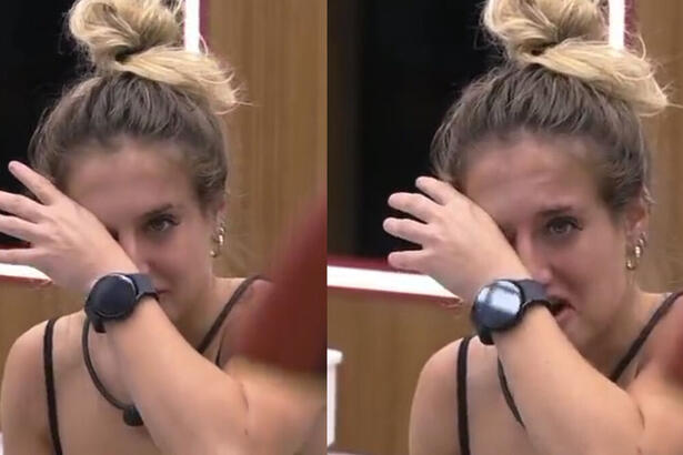 Trechos de Bruna Griphao passando a mão no rosto e no olho, tentando tirar o desinfetante