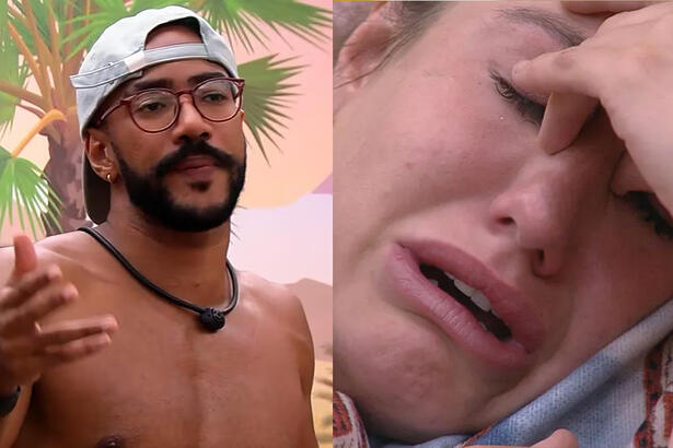 Imagem 1: Ricardo sem camisa, chapéu branco, discutindo; Imagem 2: Bruna Griphao chorando com a mão no rosto