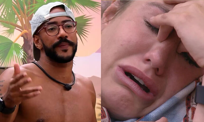 Imagem 1: Ricardo sem camisa, chapéu branco, discutindo; Imagem 2: Bruna Griphao chorando com a mão no rosto