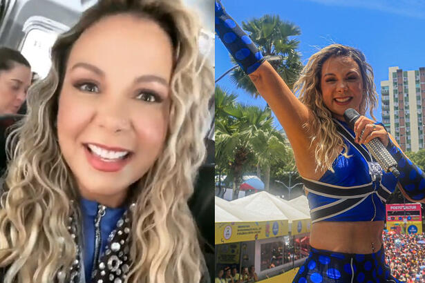 Carla Perez sorrindo, com figurindo azul, preto e branco durante desfile no carnaval de salvador