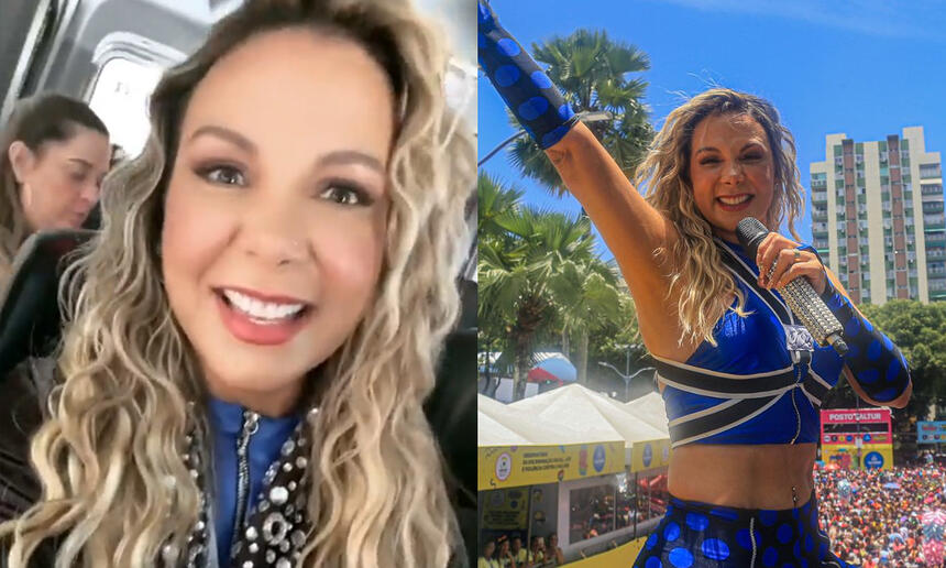 Carla Perez sorrindo, com figurindo azul, preto e branco durante desfile no carnaval de salvador