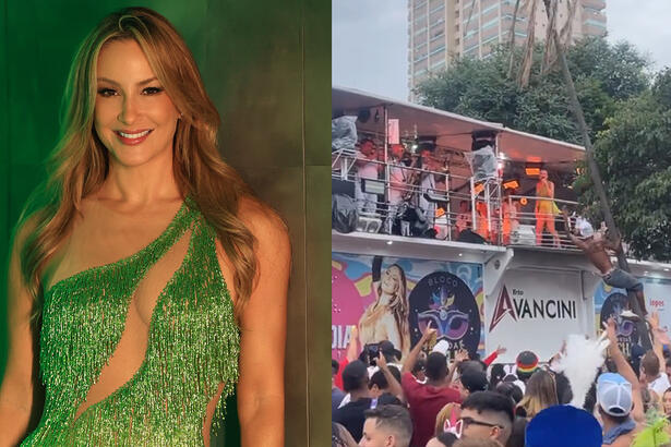 Imagem 1: Claudia Leitte em pé, com vestido decotado verde, sorrindo, de cabelo solto; Imagem 2: Claudia Leitte no trio elétrico com folião pendurado no coqueiro durante show