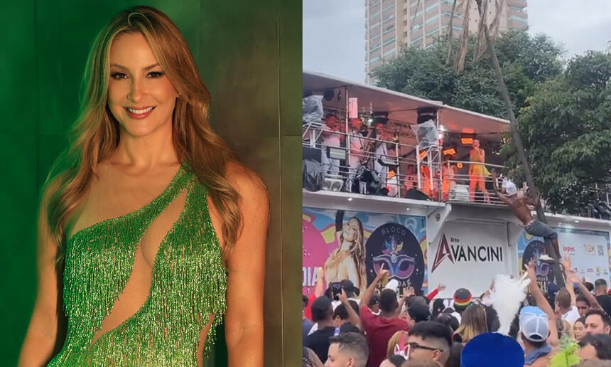 Imagem 1: Claudia Leitte em pé, com vestido decotado verde, sorrindo, de cabelo solto; Imagem 2: Claudia Leitte no trio elétrico com folião pendurado no coqueiro durante show