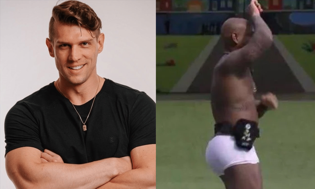 Imagem 1: Cristian de camisa preta, com os braços cruzados, sorrindo durante ensaio fotográfico; Cezar Black de sunga branca dançando no gramado