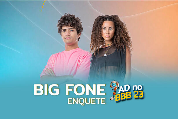 Gabriel Santana e Domitila na arte de divulgação da enquete sobre o resultado do primeiro Big Fone do BBB 23