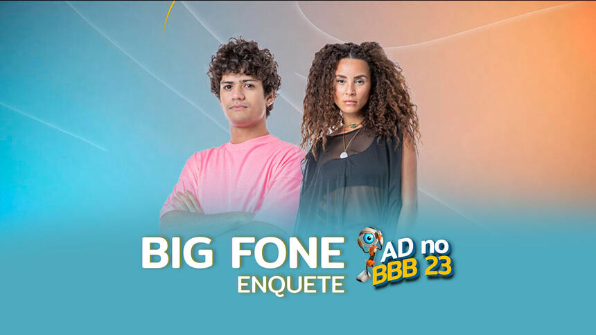 Gabriel Santana e Domitila na arte de divulgação da enquete sobre o resultado do primeiro Big Fone do BBB 23