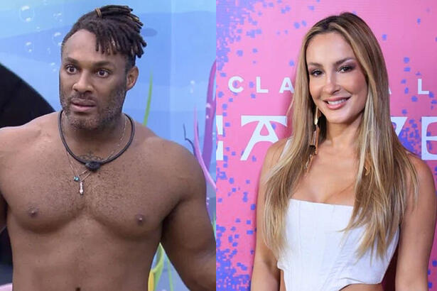 Imagem 1: Fred Nicácio sem camisa, com os braços abertos, no Quarto Fundo do Mar do BBB 23, da TV Globo; Imagem 2: Claudia Leitte de look branco, cabelo liso, solto, em pé, durante coletiva