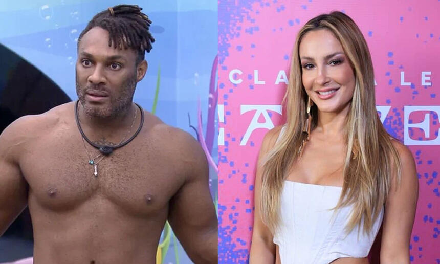 Imagem 1: Fred Nicácio sem camisa, com os braços abertos, no Quarto Fundo do Mar do BBB 23, da TV Globo; Imagem 2: Claudia Leitte de look branco, cabelo liso, solto, em pé, durante coletiva