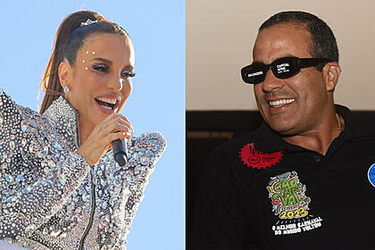 Imagem1: Ivete Sangalo com fantasia prata, segurando o microfone durante bloco no carnaval de salvador; Imagem 2: Bruno Reis sorrindo, com oculos de sol preto e letreiro na lente, de camisa preta