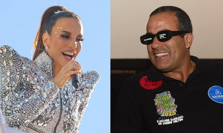 Imagem1: Ivete Sangalo com fantasia prata, segurando o microfone durante bloco no carnaval de salvador; Imagem 2: Bruno Reis sorrindo, com oculos de sol preto e letreiro na lente, de camisa preta