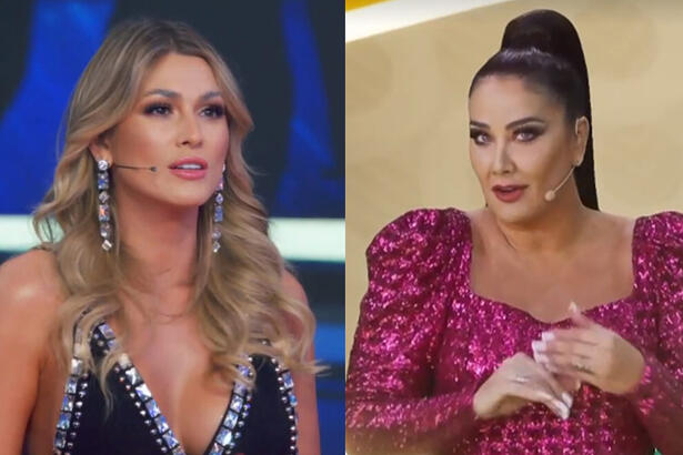 Imagem 1: Livia Andrade com vestido preto e brilhantes, sentada durante gravação do Domingão, da TV Globo; Hellen Ganzarolli de vestido rosa, cabelo presa durante apresentação do SBT Folia 2023