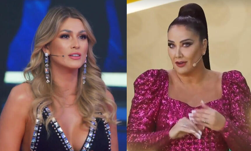 Imagem 1: Livia Andrade com vestido preto e brilhantes, sentada durante gravação do Domingão, da TV Globo; Hellen Ganzarolli de vestido rosa, cabelo presa durante apresentação do SBT Folia 2023