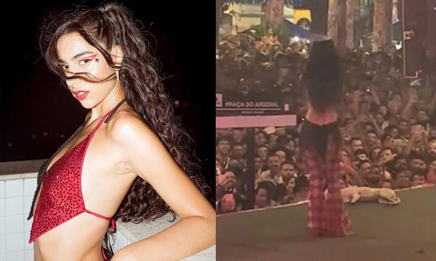 Marina Sena com top e calça em tons de vermelho e preto