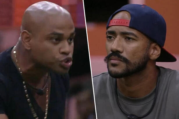 Cezar revoltado, demonstrando muita raiva com Ricardo que ouve seu discurso calado, no Jogo da Discórdia do BBB 23