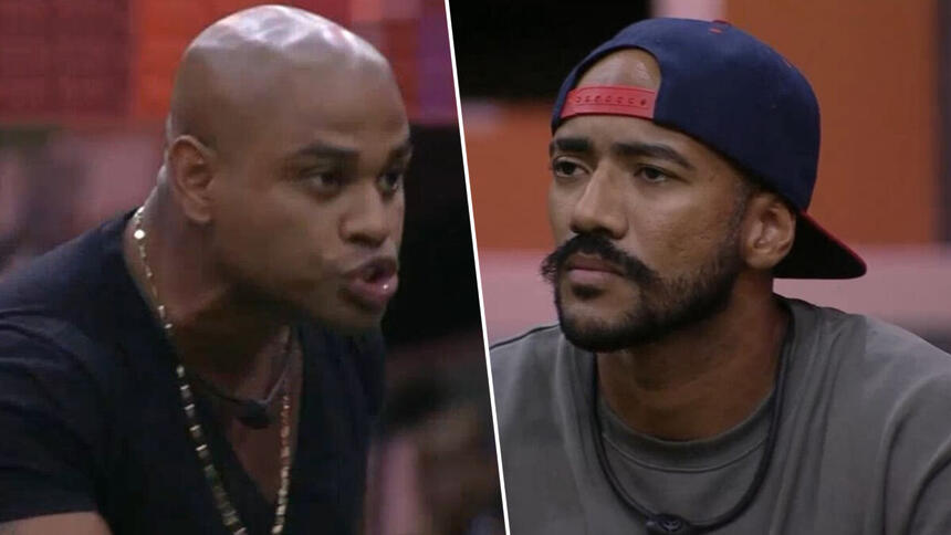 Cezar revoltado, demonstrando muita raiva com Ricardo que ouve seu discurso calado, no Jogo da Discórdia do BBB 23