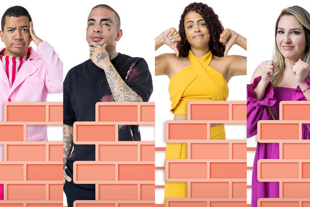 Bruno, MC Guimê, Paula e Amanda em divulgação de fotos oficiais do 4º Paredão do BBB 23