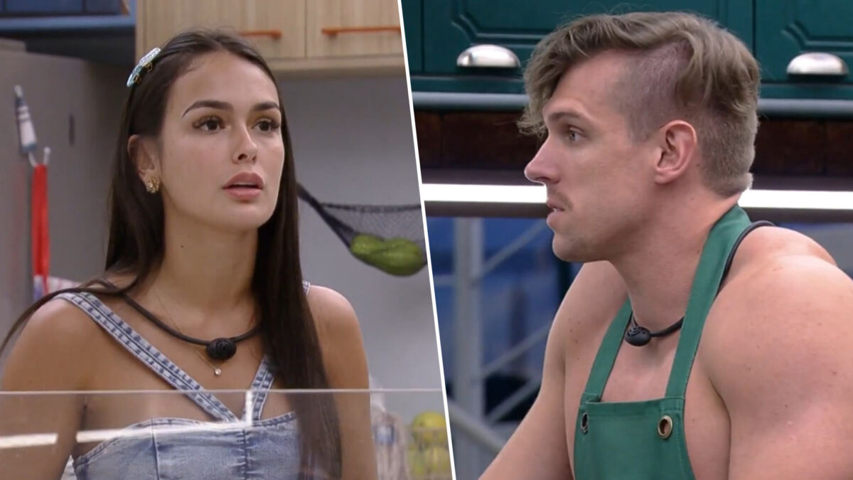 Larissa olha para Cristian enquanto discutem na cozinha do BBB 23