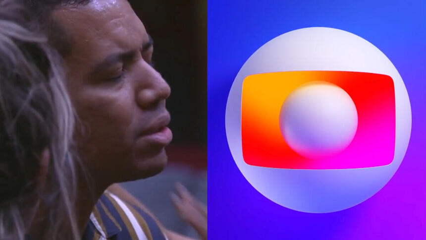 Montagem com duas imagens. Na primeira, Bruno está chorando após apertar o botão e desistir do BBB 23. Na segunda, o logo da TV Globo.