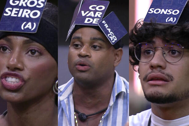 Montagem de três foto: Tina com a placa de grosseira, Cezar om Covarde e Fraco e Gabriel Santana com a placa de Sonso. Os três foram os que mais receberam placas no 4º Jogo da Discórdia do BBB 23