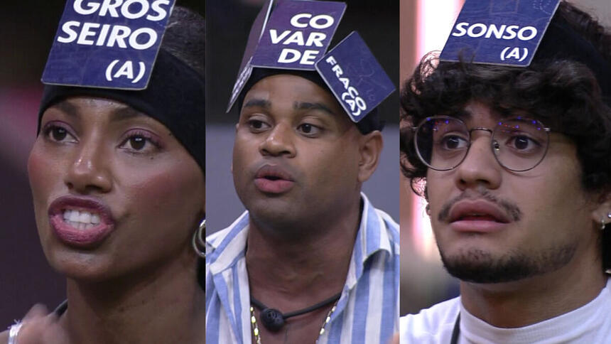 Montagem de três foto: Tina com a placa de grosseira, Cezar om Covarde e Fraco e Gabriel Santana com a placa de Sonso. Os três foram os que mais receberam placas no 4º Jogo da Discórdia do BBB 23