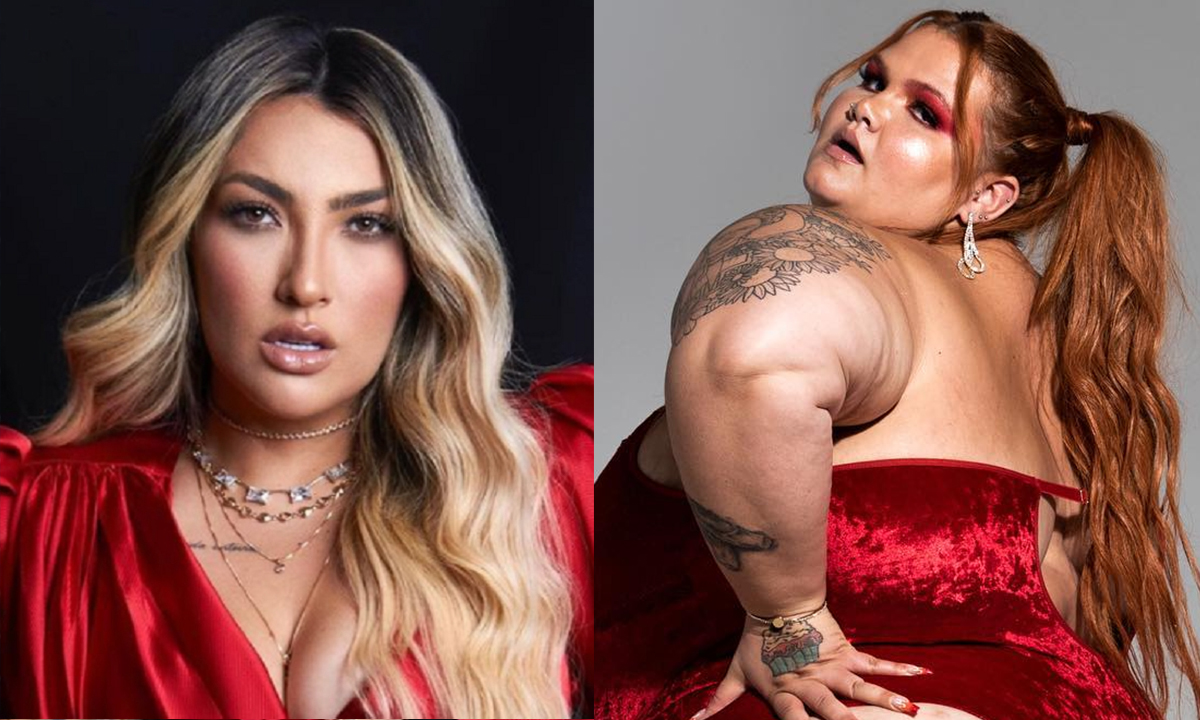 Imagem 1: Thayse Teixiera de blazer de linho vermelho, cabelo solto durante ensaio fotográfico; Imagem 2: Thais Carla de lingerie vermelha, de costa, com a mão na cintura durante ensaio fotográfico