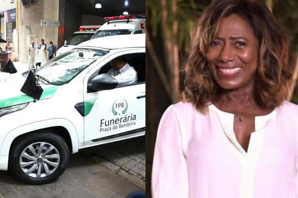 Montagem do carro da funerária saindo do hospital e de uma foto de Glória Maria no Globo Repórter