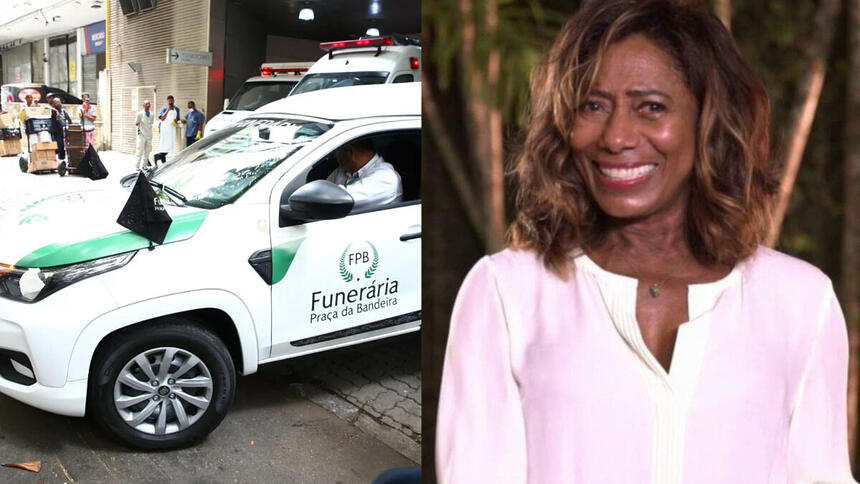 Montagem do carro da funerária saindo do hospital e de uma foto de Glória Maria no Globo Repórter