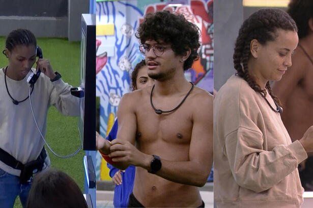 Montagem com três imagens. Na primeira, Tina escuta as instruções do Big Fone. Na segunda, Gabriel coloca a pulseira do emparedado. Na última imagem, Domitila mexe no celular, já com a pulseira do Paredão.