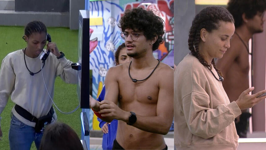 Montagem com três imagens. Na primeira, Tina escuta as instruções do Big Fone. Na segunda, Gabriel coloca a pulseira do emparedado. Na última imagem, Domitila mexe no celular, já com a pulseira do Paredão.