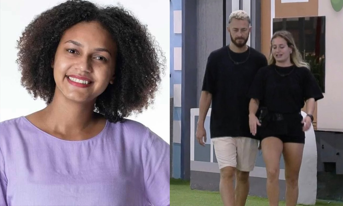 Imagem 1: Jess de camisa roza, sorrindo, durante ensaio fotográfico; Imagem 2: Fred e Bruna no jardim do BBB 23