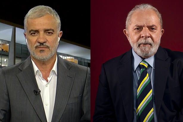 Imagem1: Kennedy Alencar de blazer preto, camisa social branca, com semblante sério, na frente do Palácio do Planalto, em Brasília DF; Imagem 2: Lula de blazr preto, camisa branca e gravata com linhas amarelas, azul e preta, com semblante sério durante ensaio fotográfico com fundo vinho