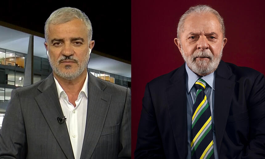 Imagem1: Kennedy Alencar de blazer preto, camisa social branca, com semblante sério, na frente do Palácio do Planalto, em Brasília DF; Imagem 2: Lula de blazr preto, camisa branca e gravata com linhas amarelas, azul e preta, com semblante sério durante ensaio fotográfico com fundo vinho