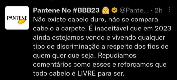 Twitter da Pantene repudiando a fala de Gabriel