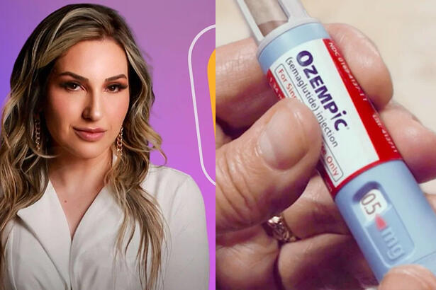 Imagem 1: Amanda Meirelles de camisa branca durante ensaio fotográfico par ao BBB 23; Mão segurando uma insulina Ozempic