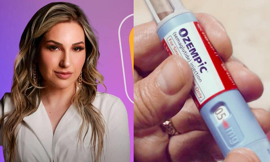 Imagem 1: Amanda Meirelles de camisa branca durante ensaio fotográfico par ao BBB 23; Mão segurando uma insulina Ozempic