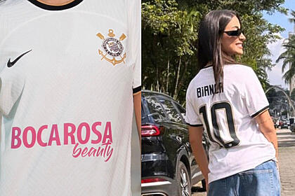Boca Rosa, vestindo a camisa do Corinthians, em montagem com a camisa do Corinthians tendo estampada a marca dela de cosméticos