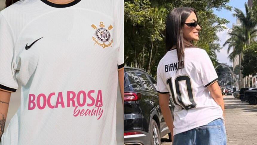 Boca Rosa, vestindo a camisa do Corinthians, em montagem com a camisa do Corinthians tendo estampada a marca dela de cosméticos