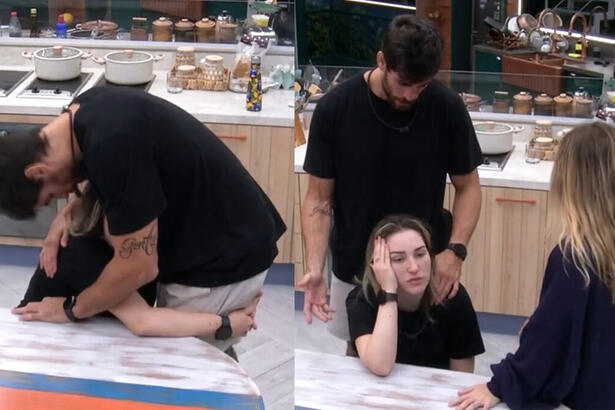 Cara de Sapato e Amanda se abraçando na cozinha da xepa do BBB 23