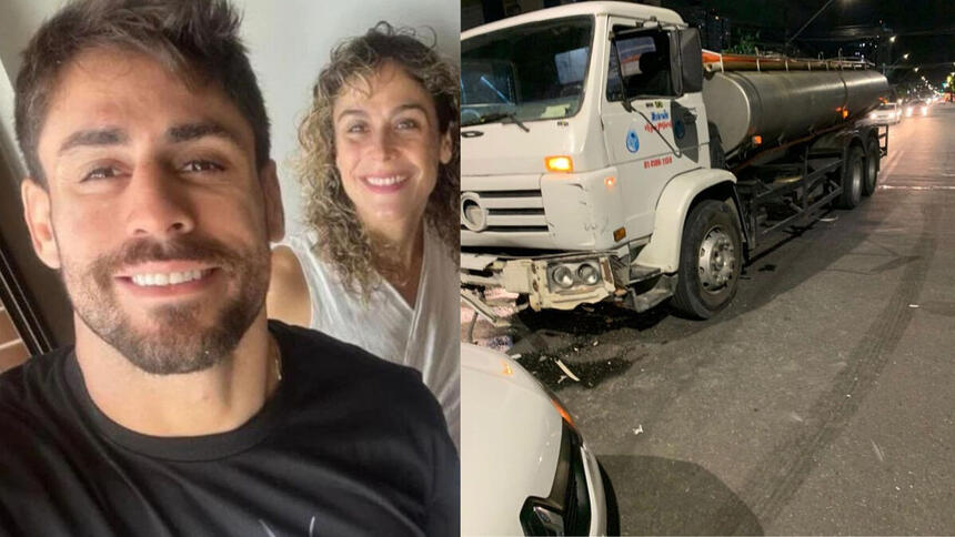 Cara de Sapato posando ao lado da irmã, em montagem com o carro batido em um caminhão