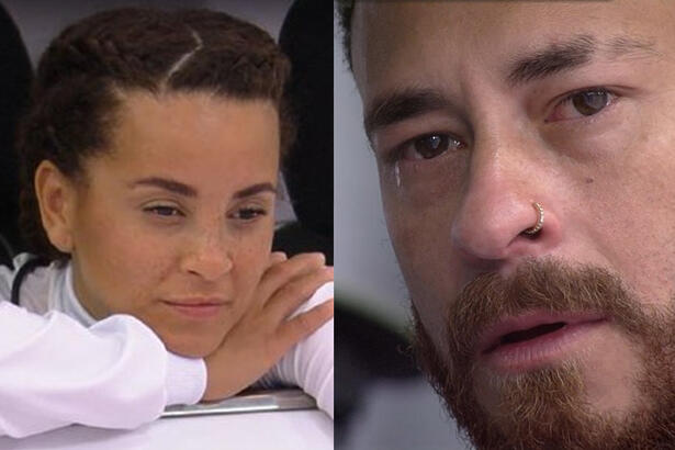 Domitila de vestimenta branca, com o braço cruzado, cabelo preso, com semblante cansado; Fred Desimpedidos chorando durante prova do BBB 23