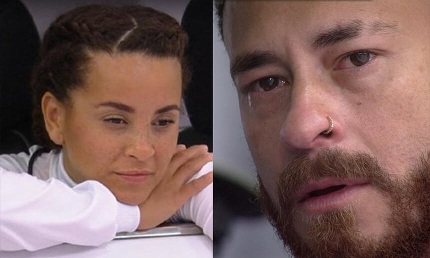 Domitila de vestimenta branca, com o braço cruzado, cabelo preso, com semblante cansado; Fred Desimpedidos chorando durante prova do BBB 23